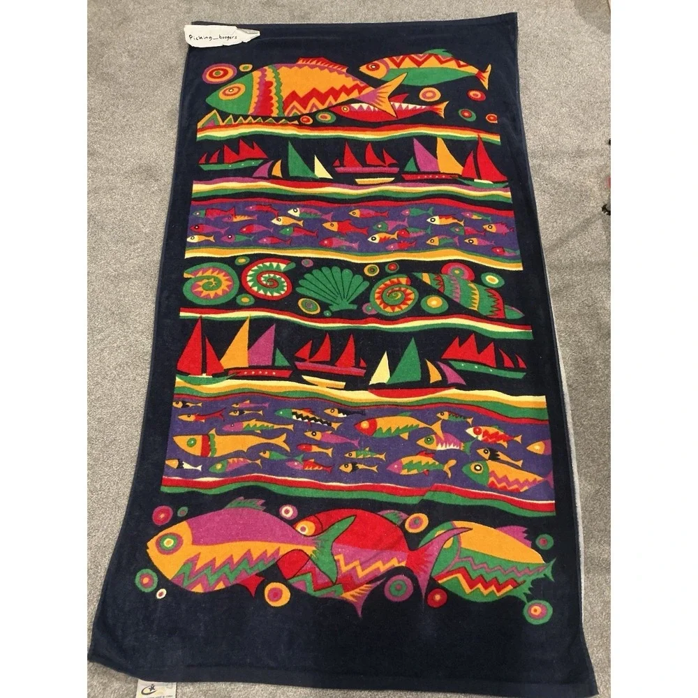 Vintage Beach Towel Featuring A Colorful Tropical Fish and Sailboat Design